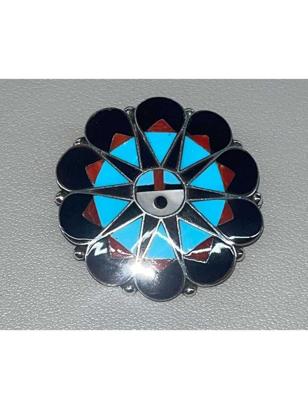 Native American Zuni handmade sterling silver turquoise sun face pendant